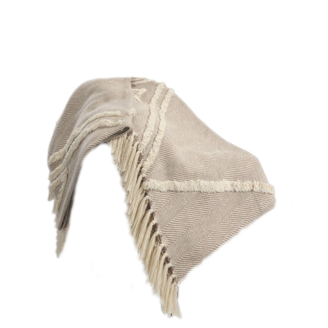 60" X 50" Cream Woven Cotton Herringbone Throw Blanket with Fringe