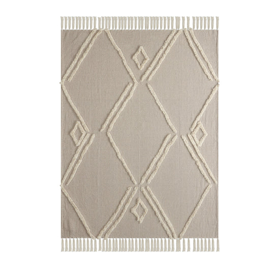 60" X 50" Cream Woven Cotton Herringbone Throw Blanket with Fringe