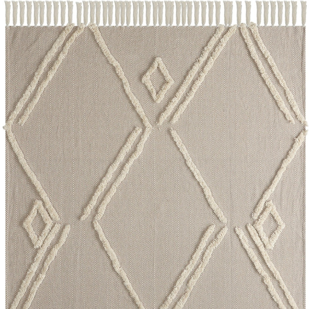 60" X 50" Cream Woven Cotton Herringbone Throw Blanket with Fringe