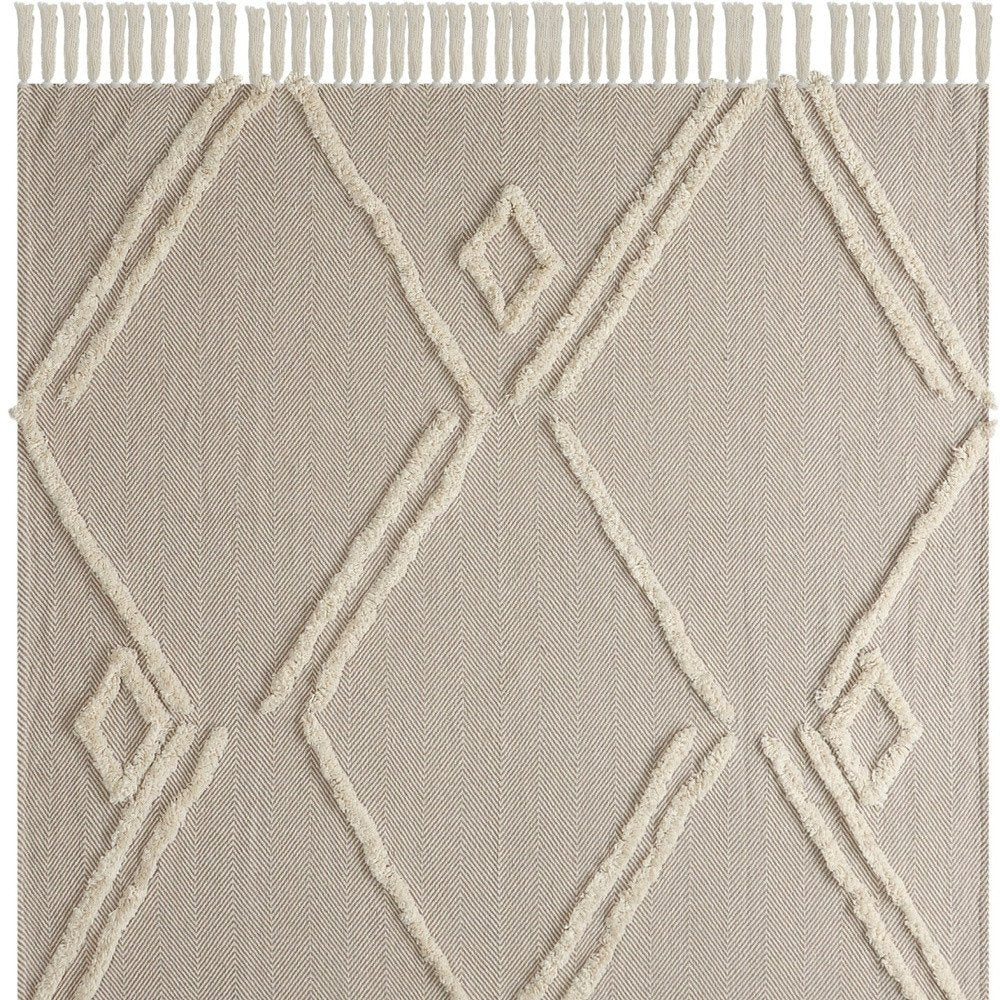 60" X 50" Cream Woven Cotton Herringbone Throw Blanket with Fringe HomeRoots