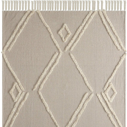 60" X 50" Cream Woven Cotton Herringbone Throw Blanket with Fringe HomeRoots