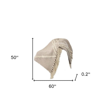 60" X 50" Cream Woven Cotton Herringbone Throw Blanket with Fringe HomeRoots
