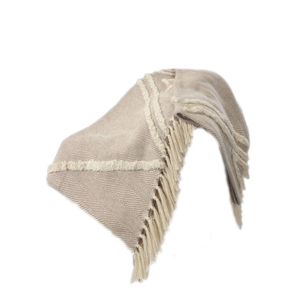 60" X 50" Cream Woven Cotton Herringbone Throw Blanket with Fringe HomeRoots
