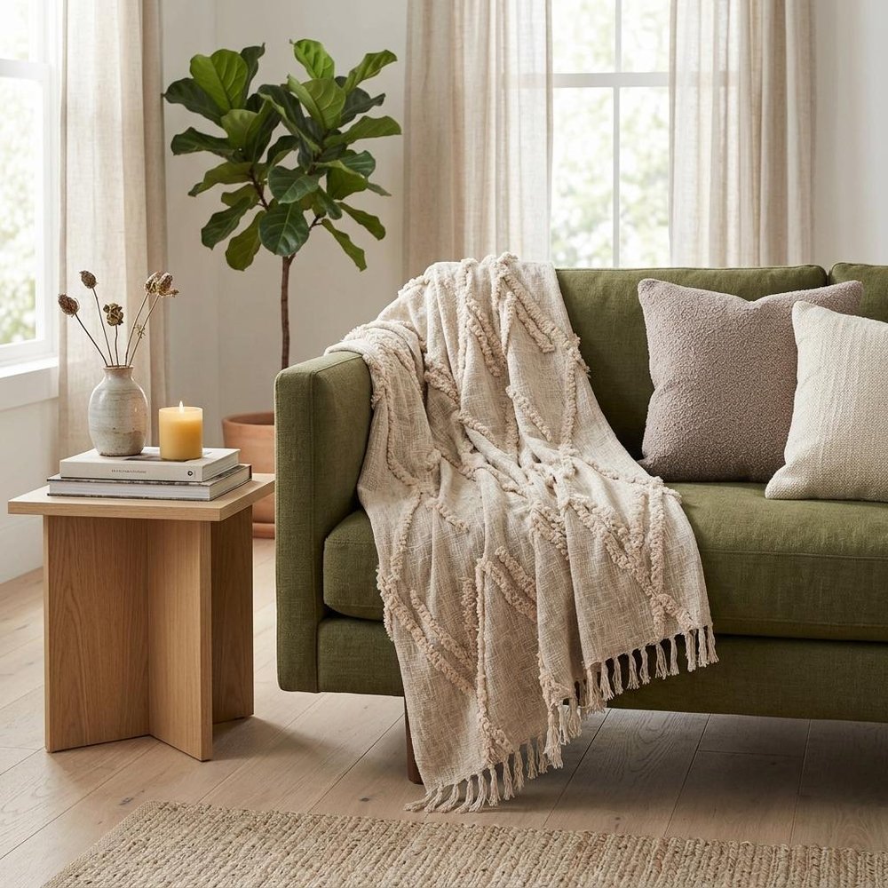 60" X 50" Beige Woven Cotton Geometric Throw Blanket with Fringe — view 4
