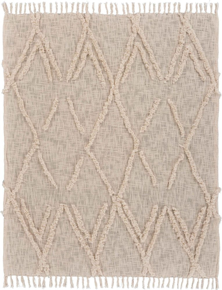 60" X 50" Beige Woven Cotton Geometric Throw Blanket with Fringe — view 1