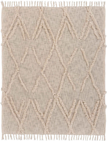 60" X 50" Beige Woven Cotton Geometric Throw Blanket with Fringe HomeRoots