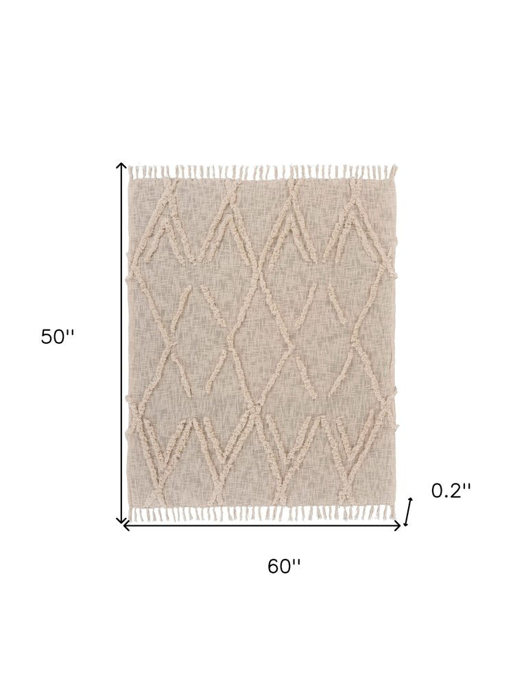 60" X 50" Beige Woven Cotton Geometric Throw Blanket with Fringe HomeRoots