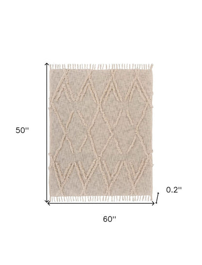 60" X 50" Beige Woven Cotton Geometric Throw Blanket with Fringe HomeRoots