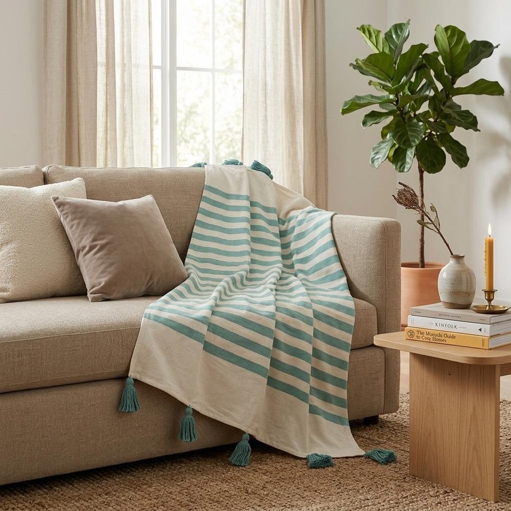 50" X 60" Blue and White Woven Cotton Striped Throw Blanket with Tassels HomeRoots