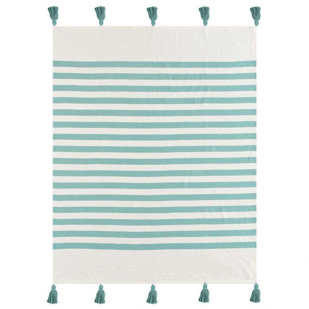 50" X 60" Blue and White Woven Cotton Striped Throw Blanket with Tassels HomeRoots