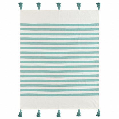 50" X 60" Blue and White Woven Cotton Striped Throw Blanket with Tassels HomeRoots