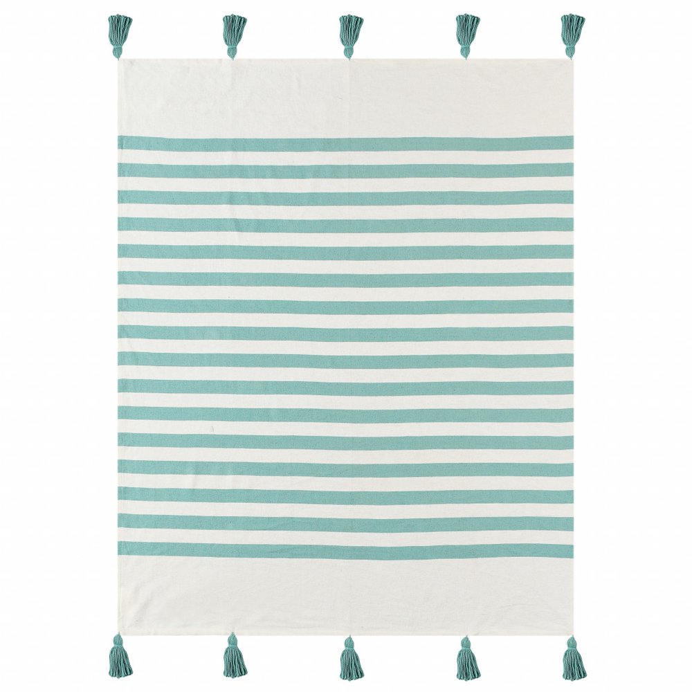 50" X 60" Blue and White Woven Cotton Striped Throw Blanket with Tassels HomeRoots