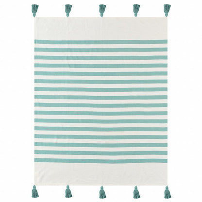 50" X 60" Blue and White Woven Cotton Striped Throw Blanket with Tassels HomeRoots