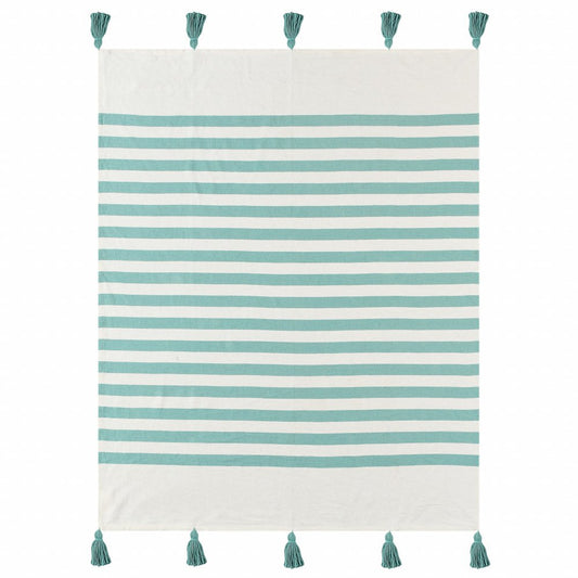 50" X 60" Blue and White Woven Cotton Striped Throw Blanket with Tassels HomeRoots