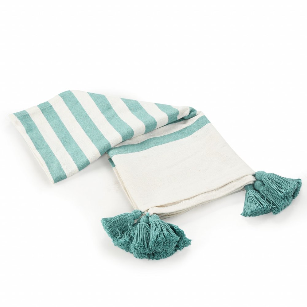 50" X 60" Blue and White Woven Cotton Striped Throw Blanket with Tassels HomeRoots