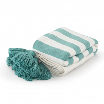 50" X 60" Blue and White Woven Cotton Striped Throw Blanket with Tassels HomeRoots