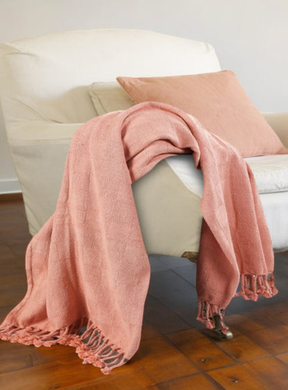 50" X 60" Pink Woven Cotton Throw Blanket with Fringe