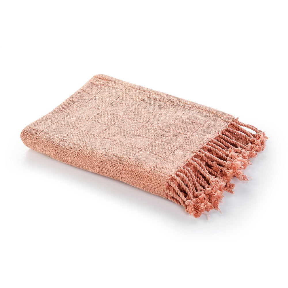 50" X 60" Pink Woven Cotton Throw Blanket with Fringe HomeRoots