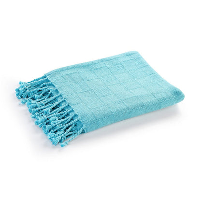 50" X 60" Blue Woven Cotton Throw Blanket with Fringe HomeRoots