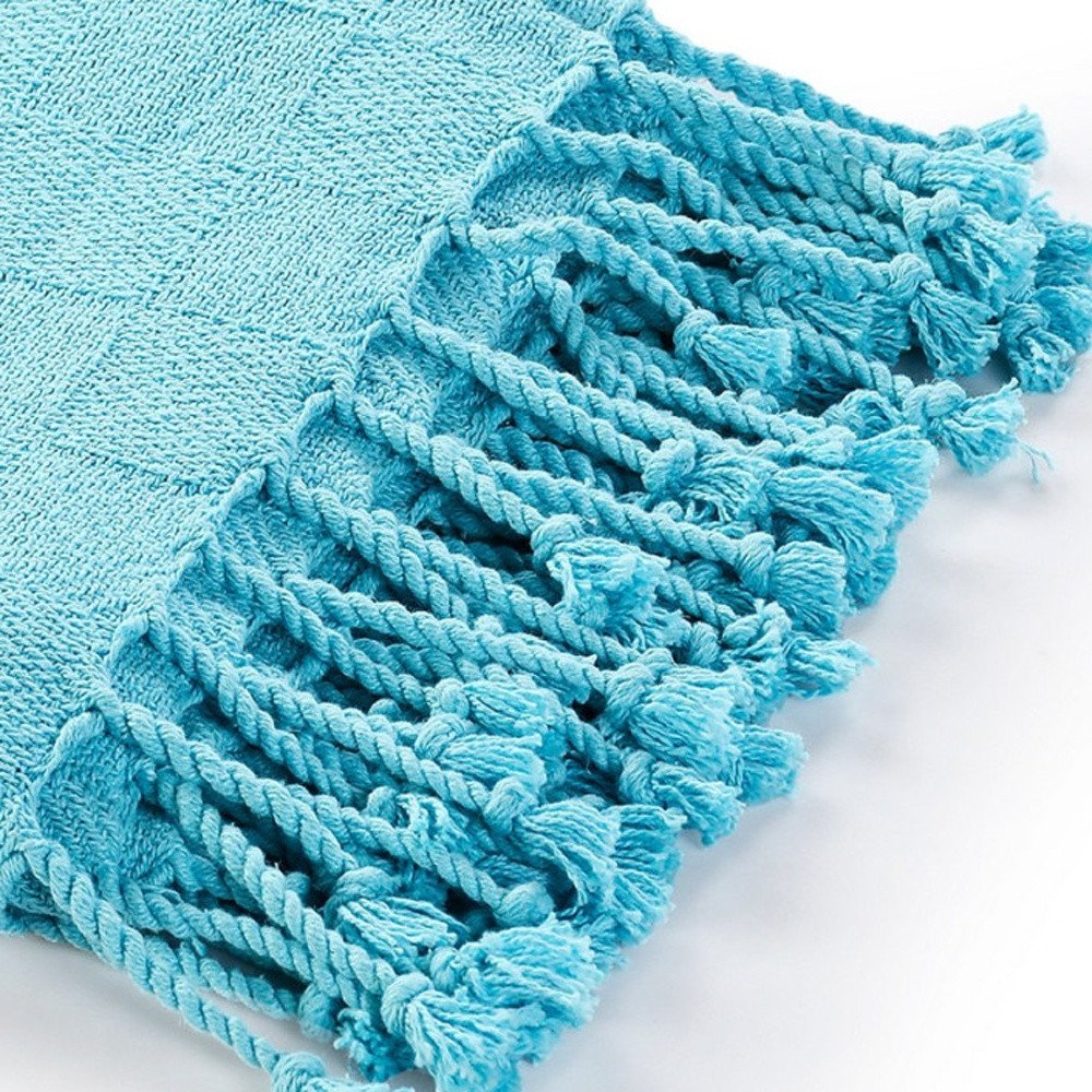 50" X 60" Blue Woven Cotton Throw Blanket with Fringe HomeRoots
