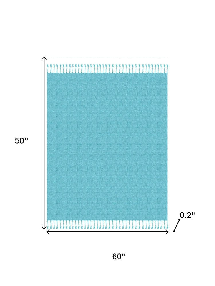50" X 60" Blue Woven Cotton Throw Blanket with Fringe HomeRoots