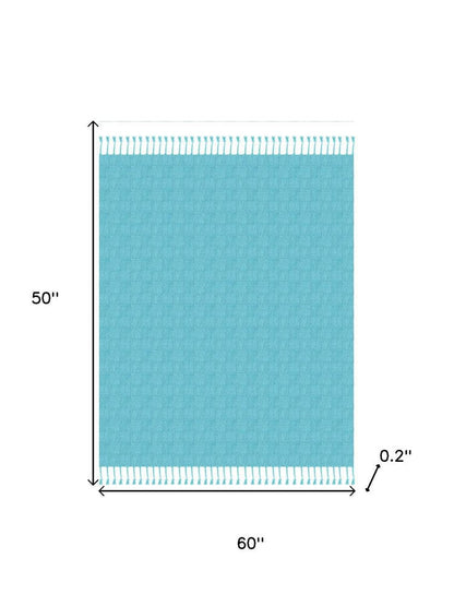 50" X 60" Blue Woven Cotton Throw Blanket with Fringe HomeRoots