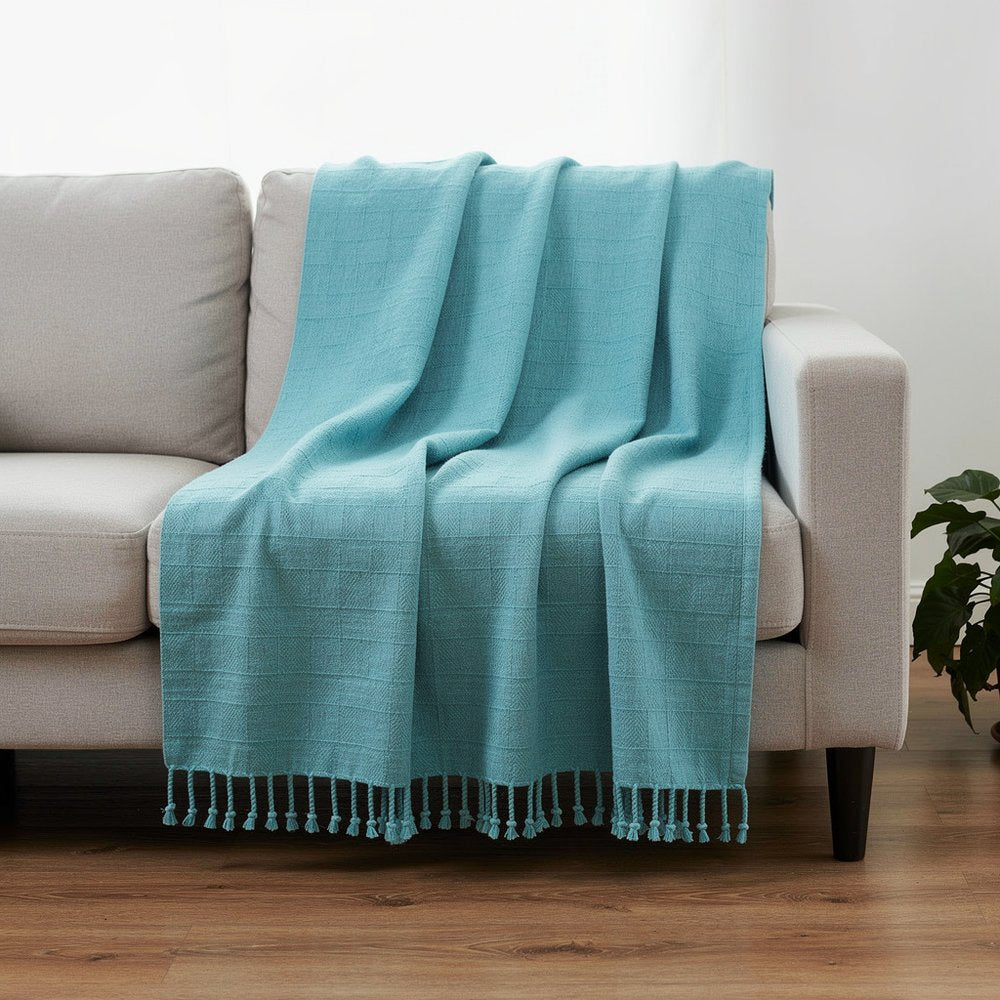 50" X 60" Blue Woven Cotton Throw Blanket with Fringe — view 6