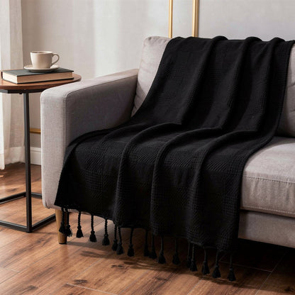 50" X 60" Blue Woven Cotton Throw Blanket with Fringe HomeRoots