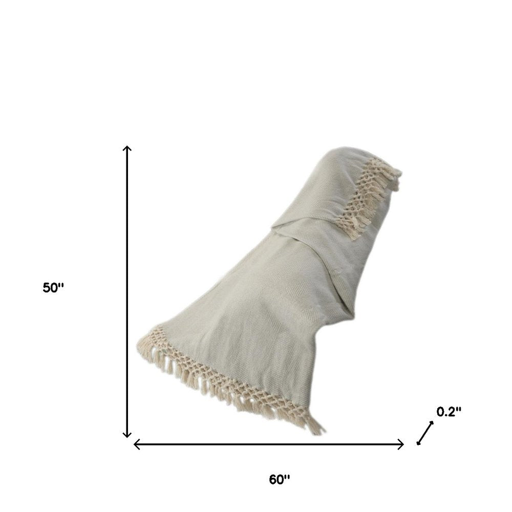50" X 60" Gray Woven Cotton Herringbone Throw Blanket with Tassels HomeRoots