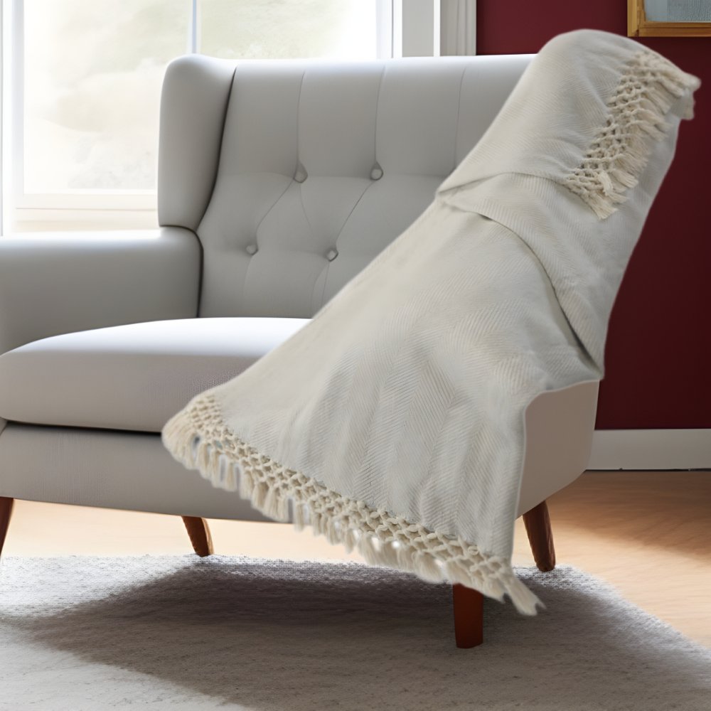 50" X 60" Gray Woven Cotton Herringbone Throw Blanket with Tassels HomeRoots