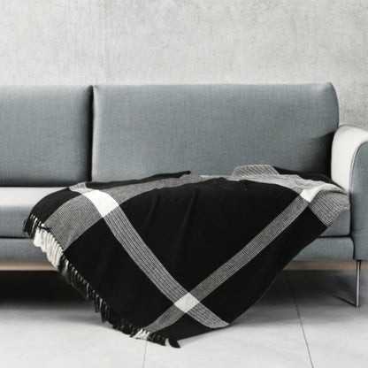 Black and White Woven Cotton Checkered Throw Blanket