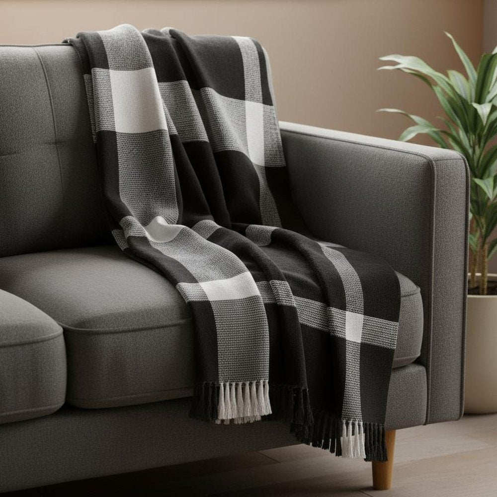 Black and White Woven Cotton Checkered Throw Blanket — view 9