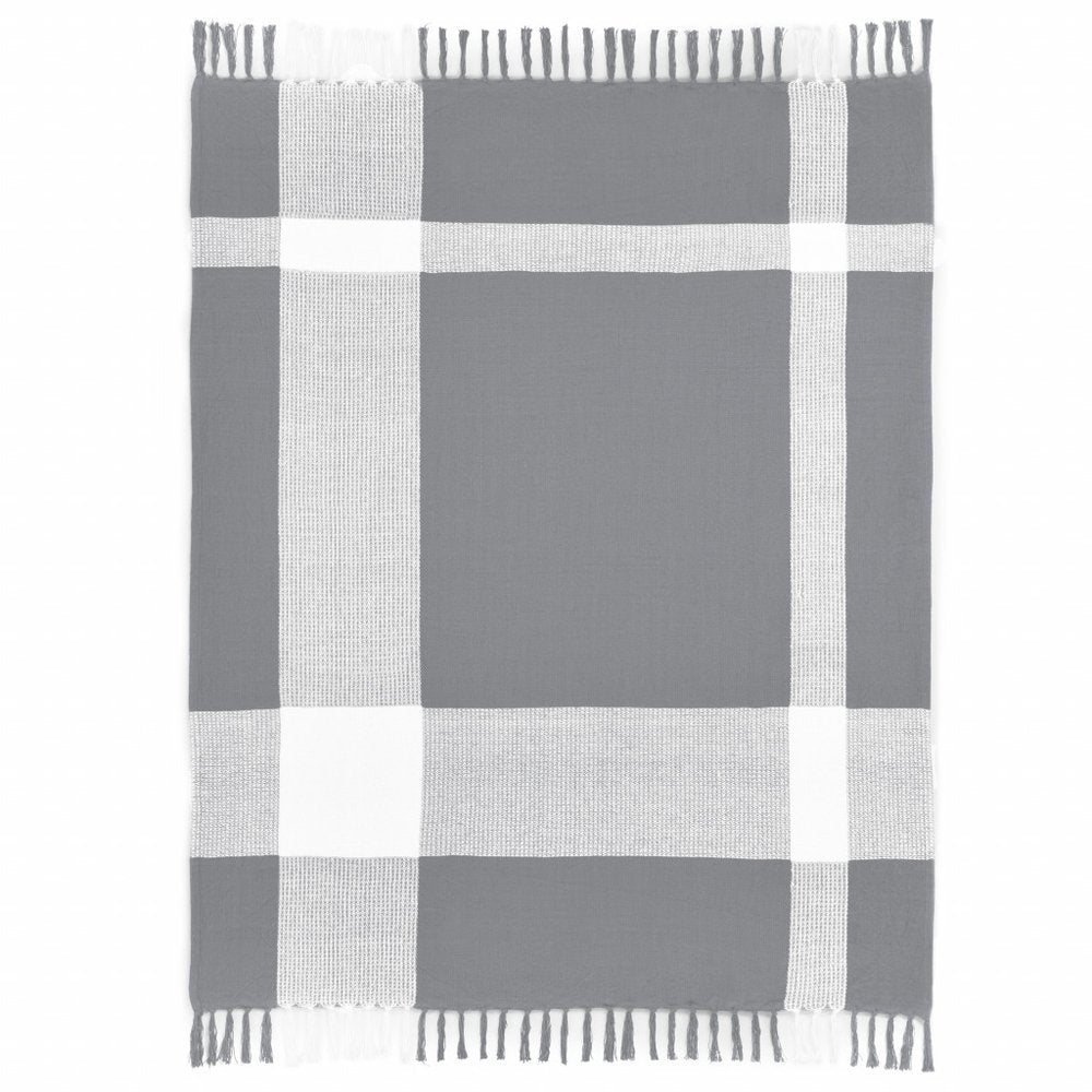 50" X 60" Gray Woven Cotton Checkered Throw Blanket with Fringe HomeRoots