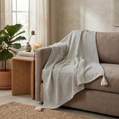 50" X 60" Black and White Woven Cotton Striped Throw Blanket with Tassels HomeRoots