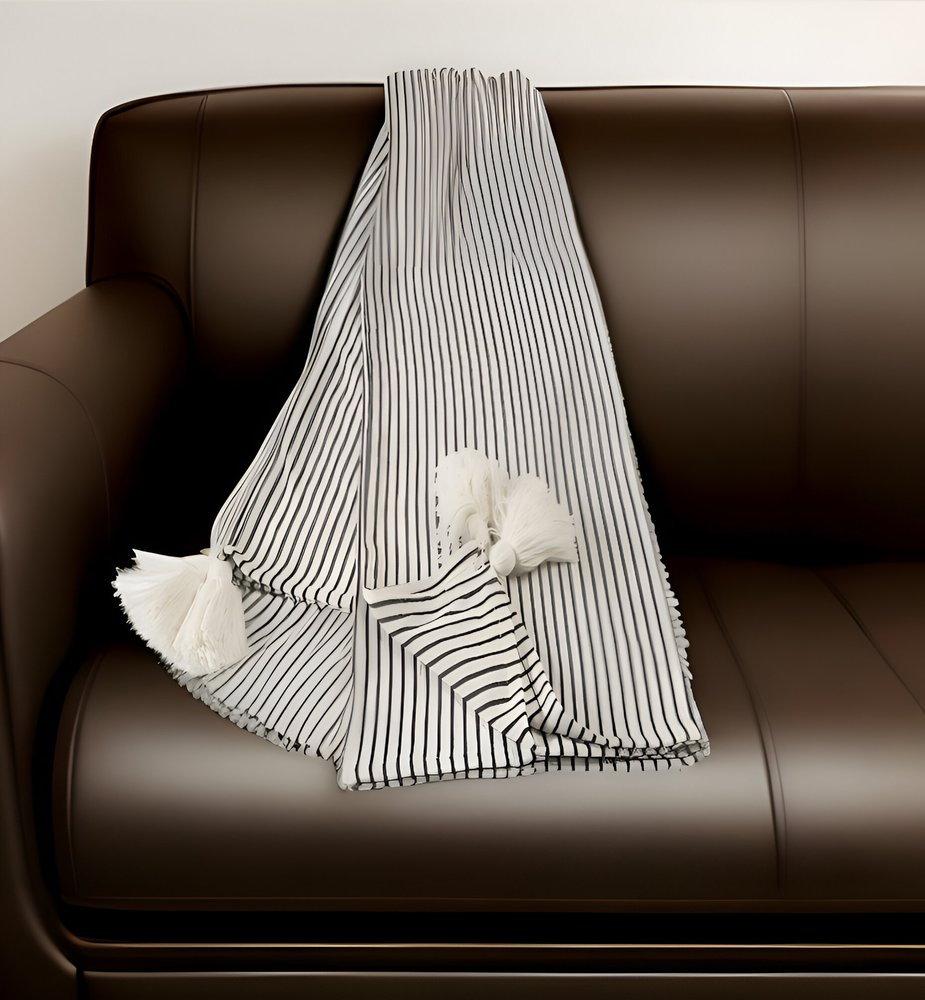50" X 60" Brown and White Woven Cotton Striped Throw Blanket with Tassels HomeRoots