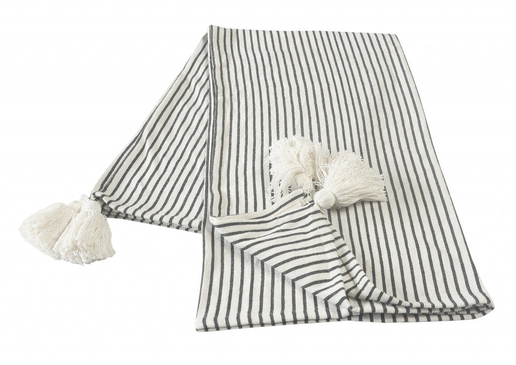 50" X 60" Black and White Woven Cotton Striped Throw Blanket with Tassels