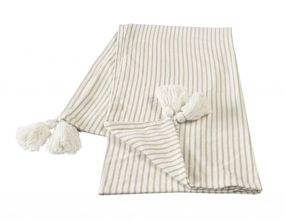 50" X 60" Brown and White Woven Cotton Striped Throw Blanket with Tassels HomeRoots
