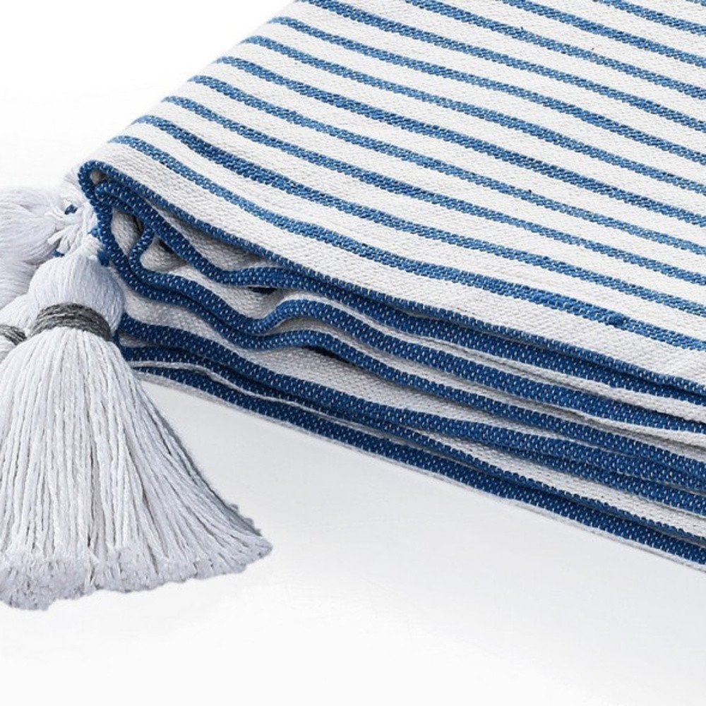 50" X 60" Blue and White Woven Cotton Striped Throw Blanket with Tassels — view 6