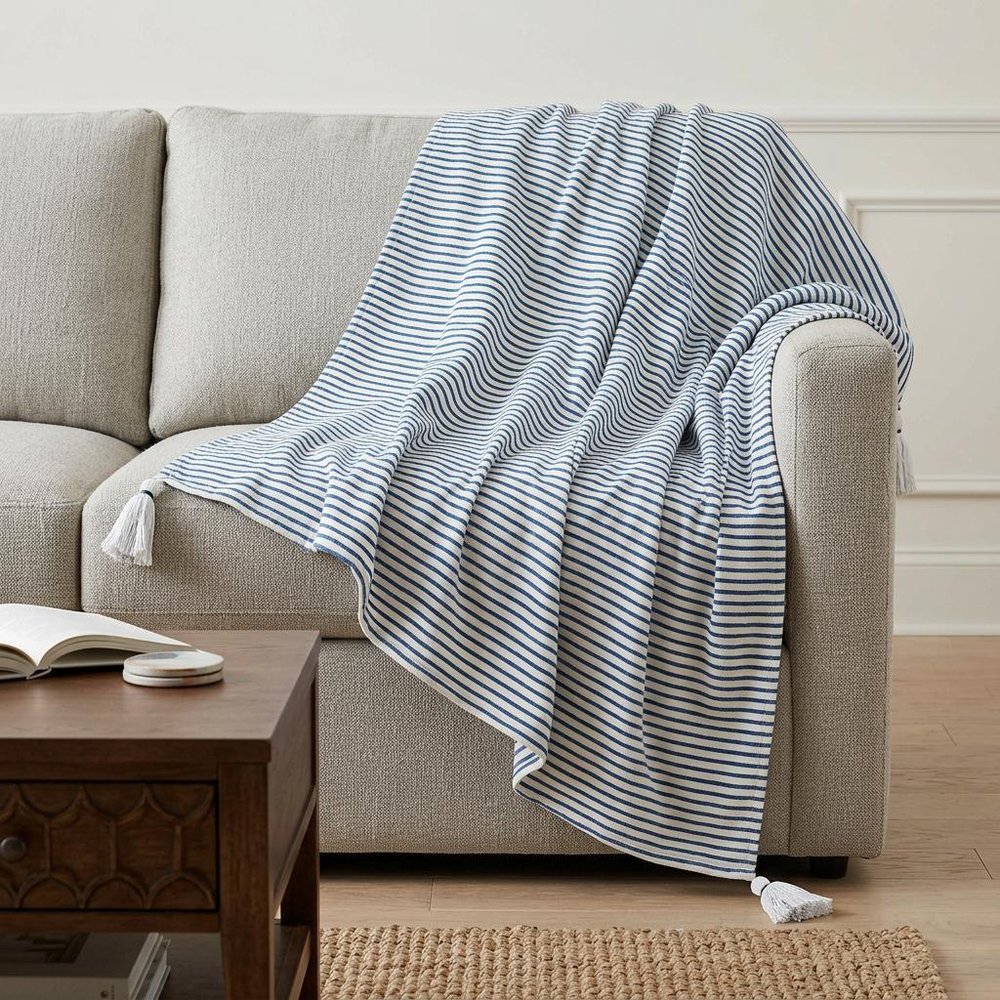 50" X 60" Blue and White Woven Cotton Striped Throw Blanket with Tassels — view 8