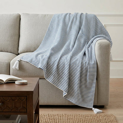 50" X 60" Blue and White Woven Cotton Striped Throw Blanket with Tassels HomeRoots