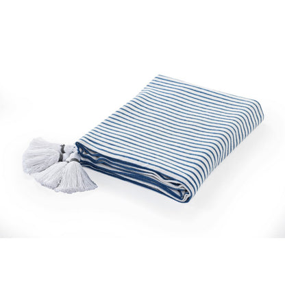 50" X 60" Blue and White Woven Cotton Striped Throw Blanket with Tassels HomeRoots