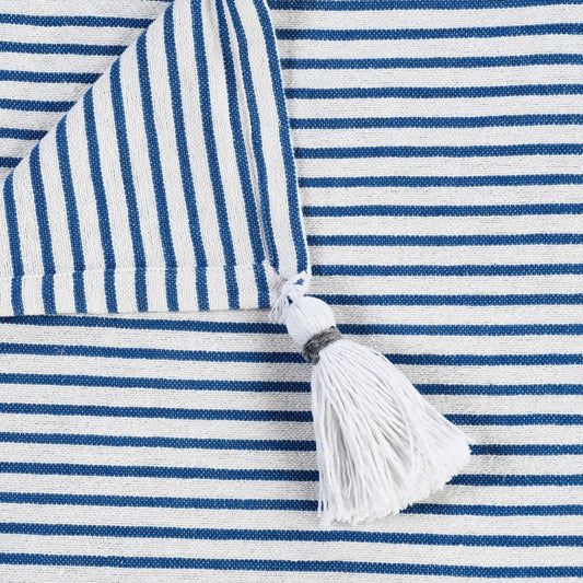 50" X 60" Blue and White Woven Cotton Striped Throw Blanket with Tassels HomeRoots