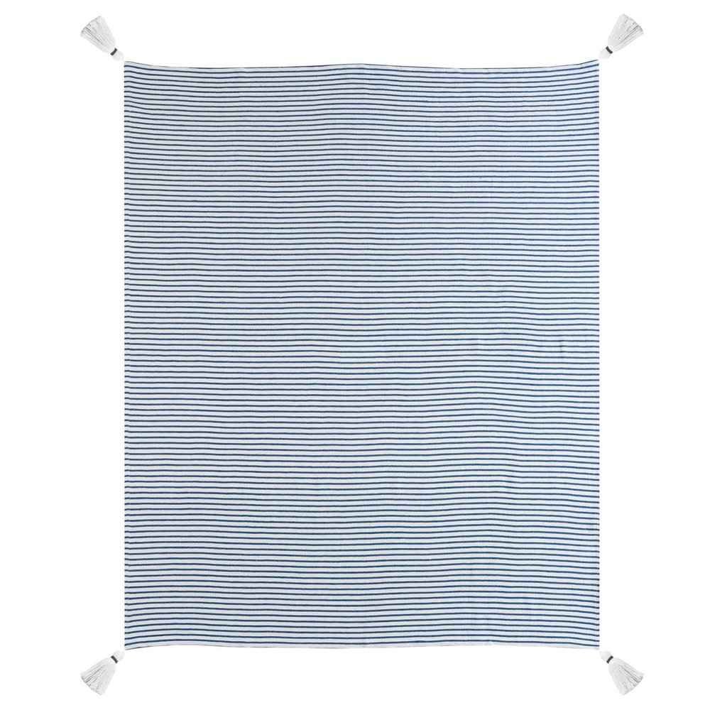 50" X 60" Blue and White Woven Cotton Striped Throw Blanket with Tassels — view 3