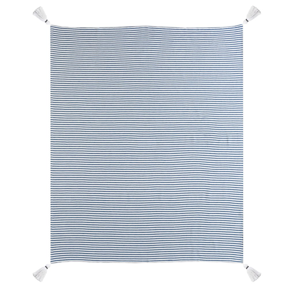 50" X 60" Blue and White Woven Cotton Striped Throw Blanket with Tassels HomeRoots