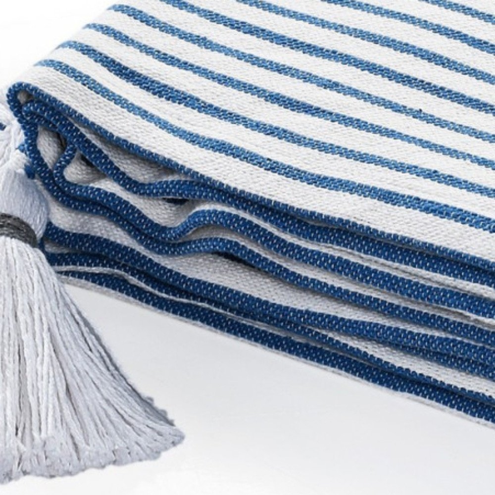 50" X 60" Blue and White Woven Cotton Striped Throw Blanket with Tassels HomeRoots