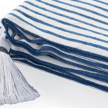 50" X 60" Blue and White Woven Cotton Striped Throw Blanket with Tassels HomeRoots