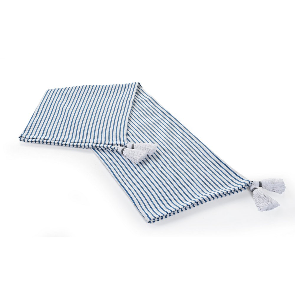 50" X 60" Blue and White Woven Cotton Striped Throw Blanket with Tassels HomeRoots