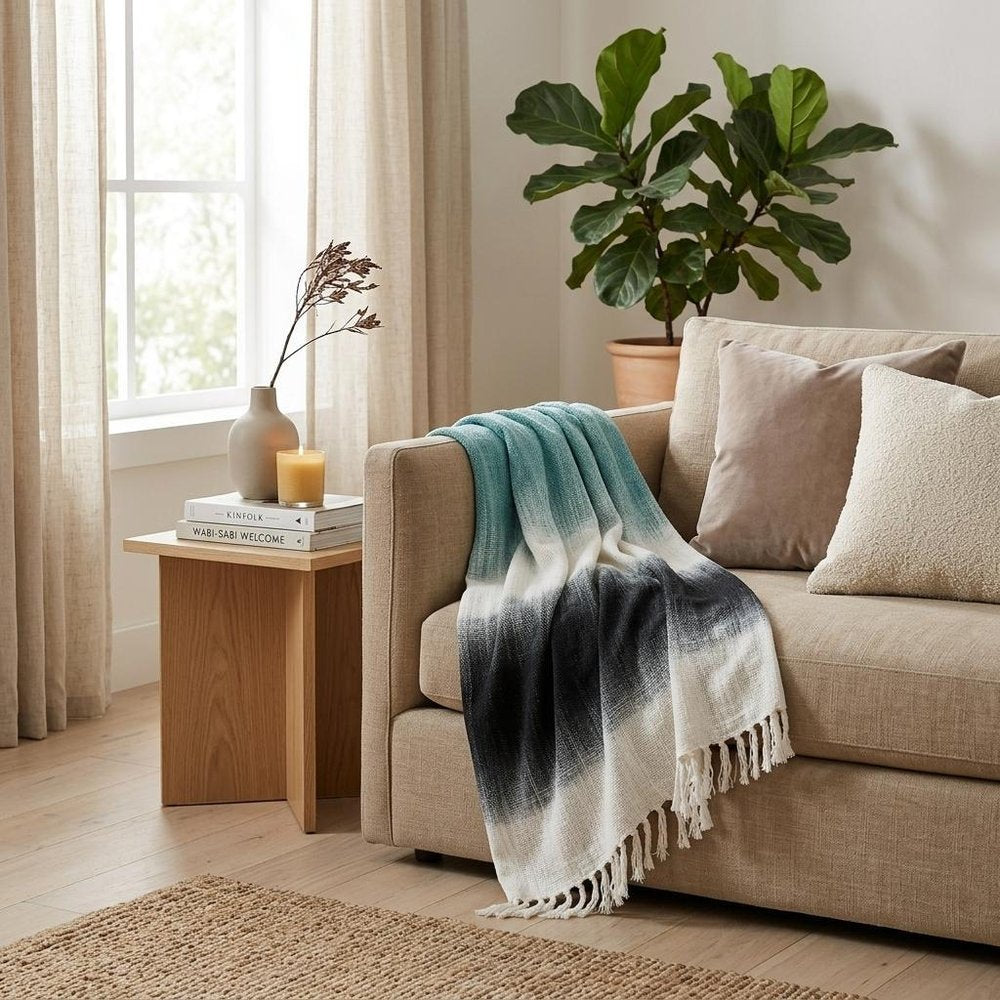 50" X 60" Black and White Woven Cotton Ombre Throw Blanket with Fringe HomeRoots