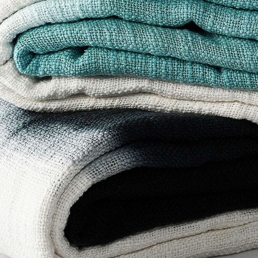 50" X 60" Blue and White Woven Cotton Ombre Throw Blanket with Fringe HomeRoots