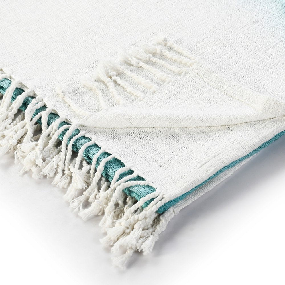 50" X 60" Blue and White Woven Cotton Ombre Throw Blanket with Fringe HomeRoots